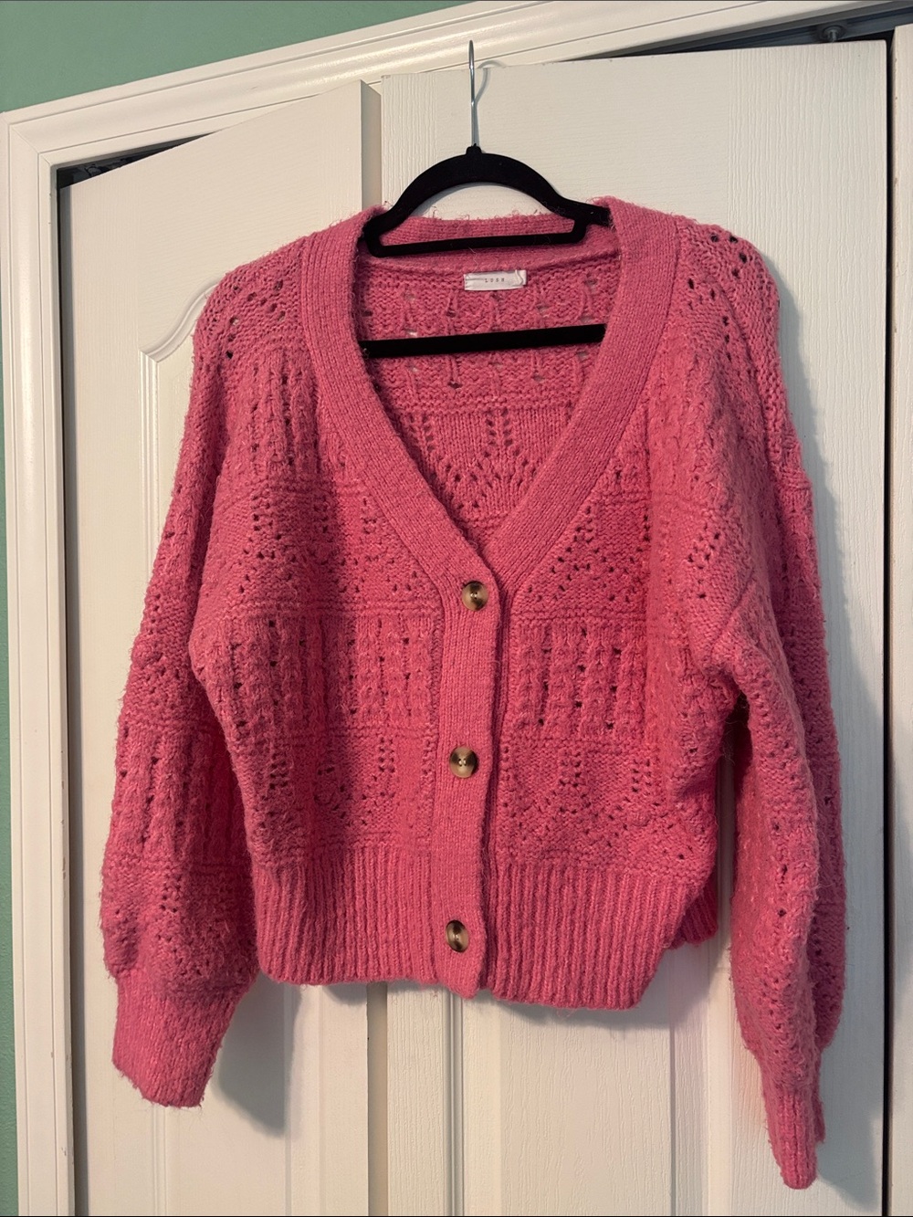 Lush Pink Openwork Knit Button-Front Cardigan